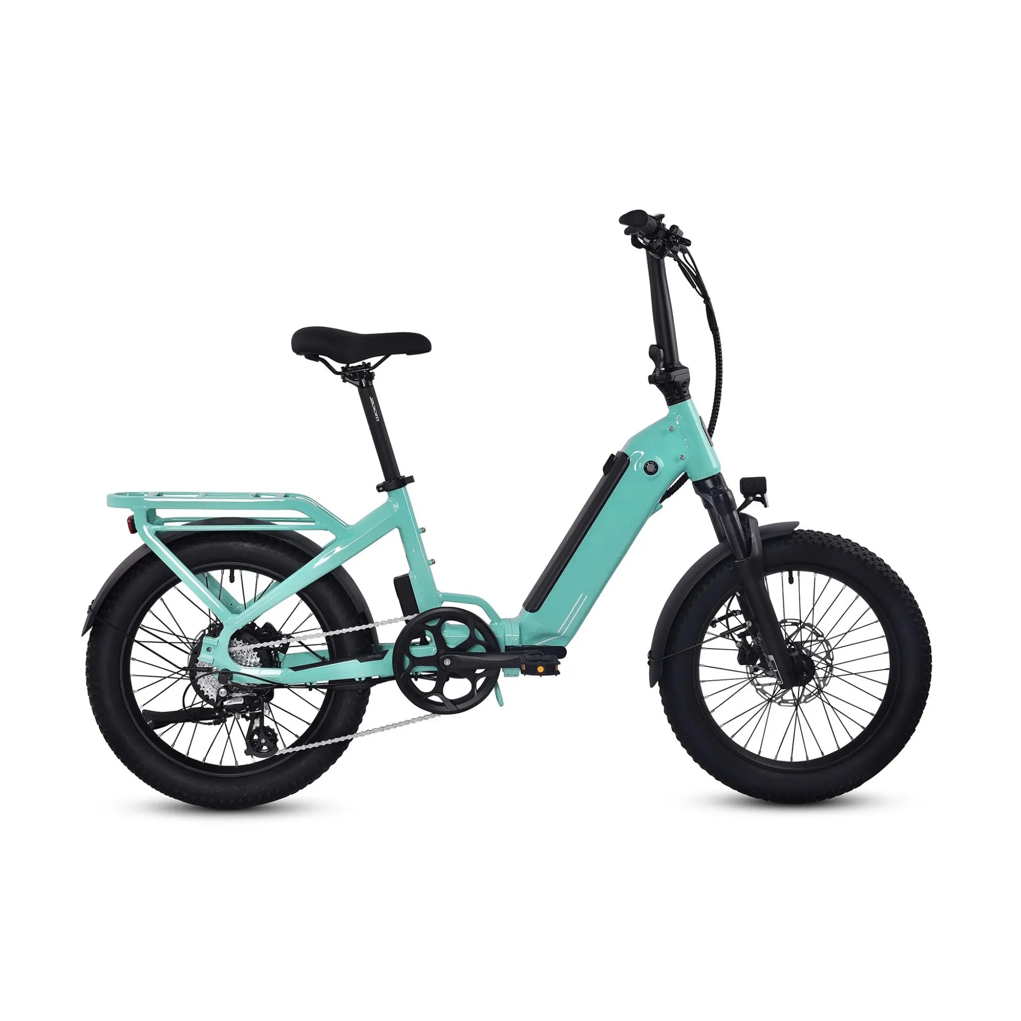 #color_aqua Miniwave folding ebike in aqua with fat tyres, compact electric bike