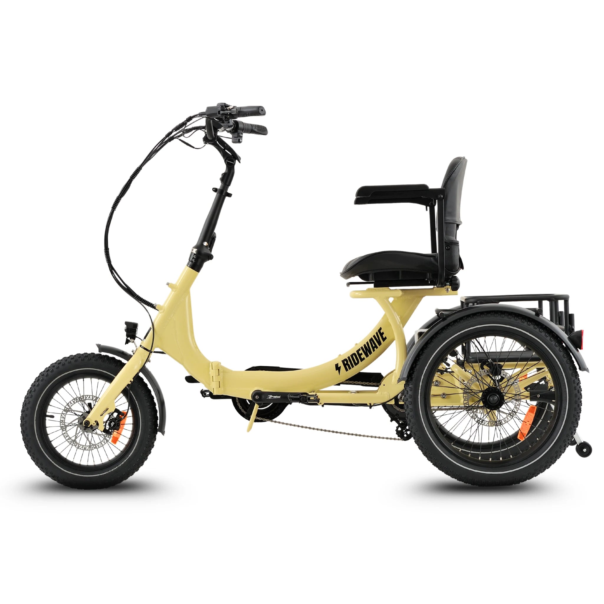Ridewave Platypus cream folding electric trike side view with rear cargo basket #color_cream