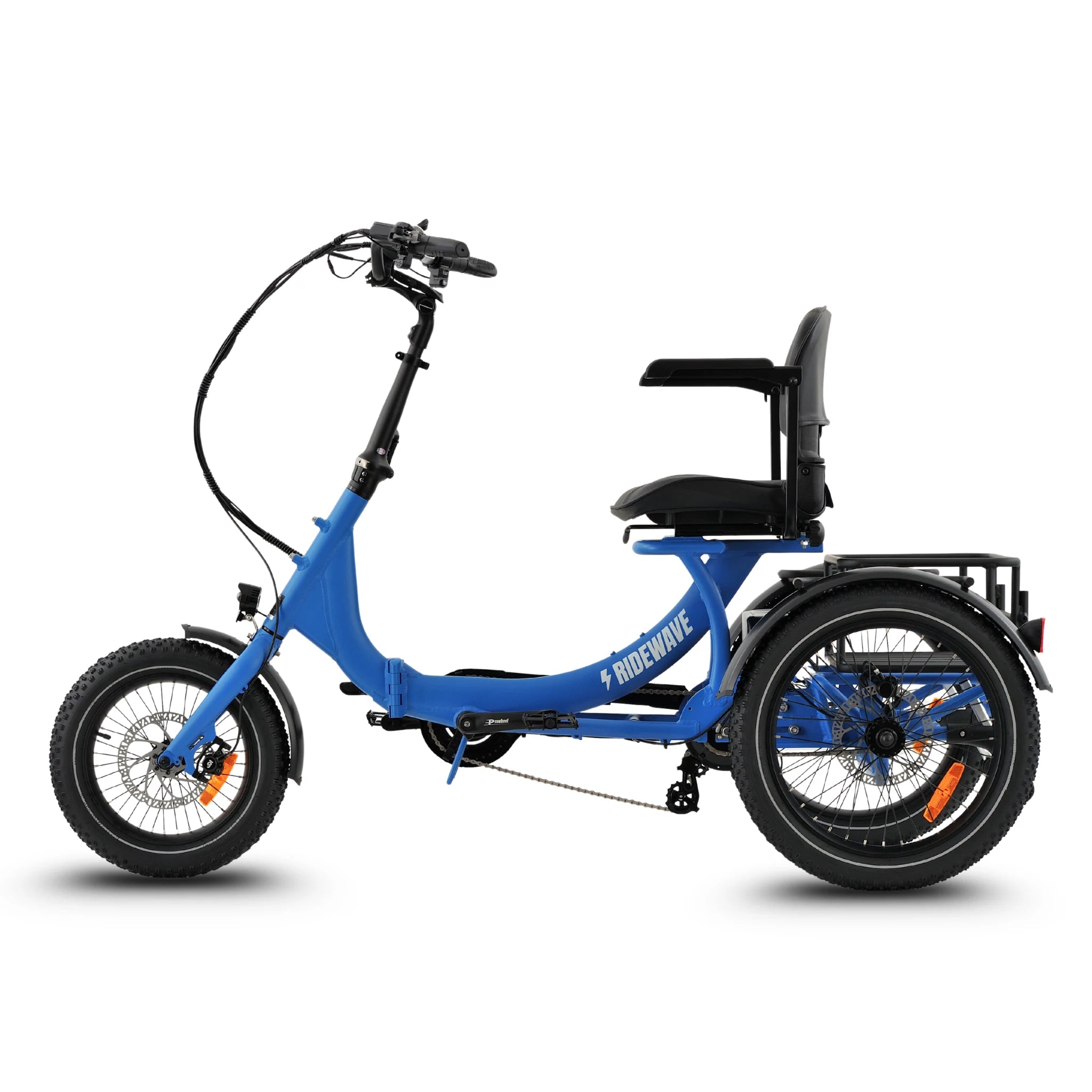 Ridewave Platypus sky blue folding electric trike three-quarter side view with rear cargo basket #color_sky-blue