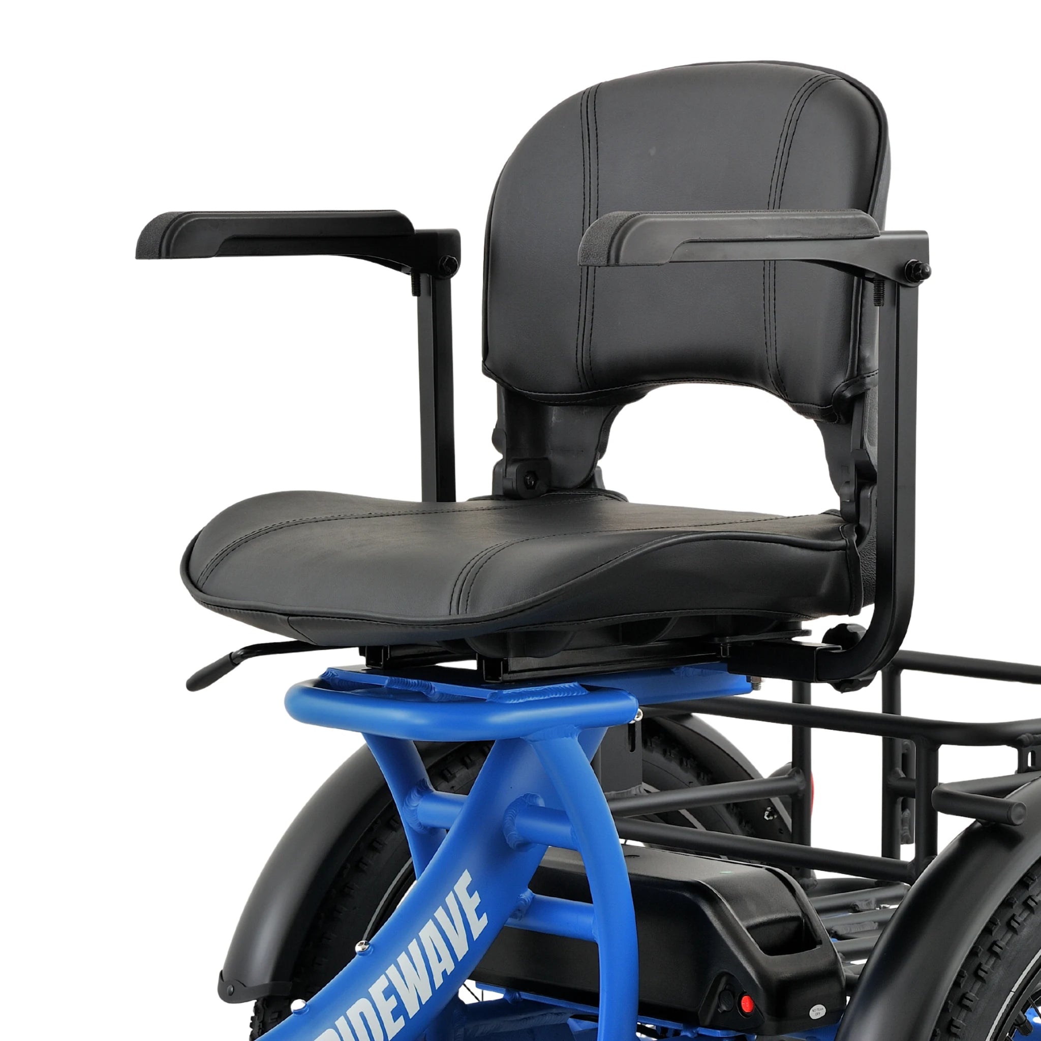 Ridewave Platypus sky blue folding electric trike comfort seat with armrests close-up #color_sky-blue
