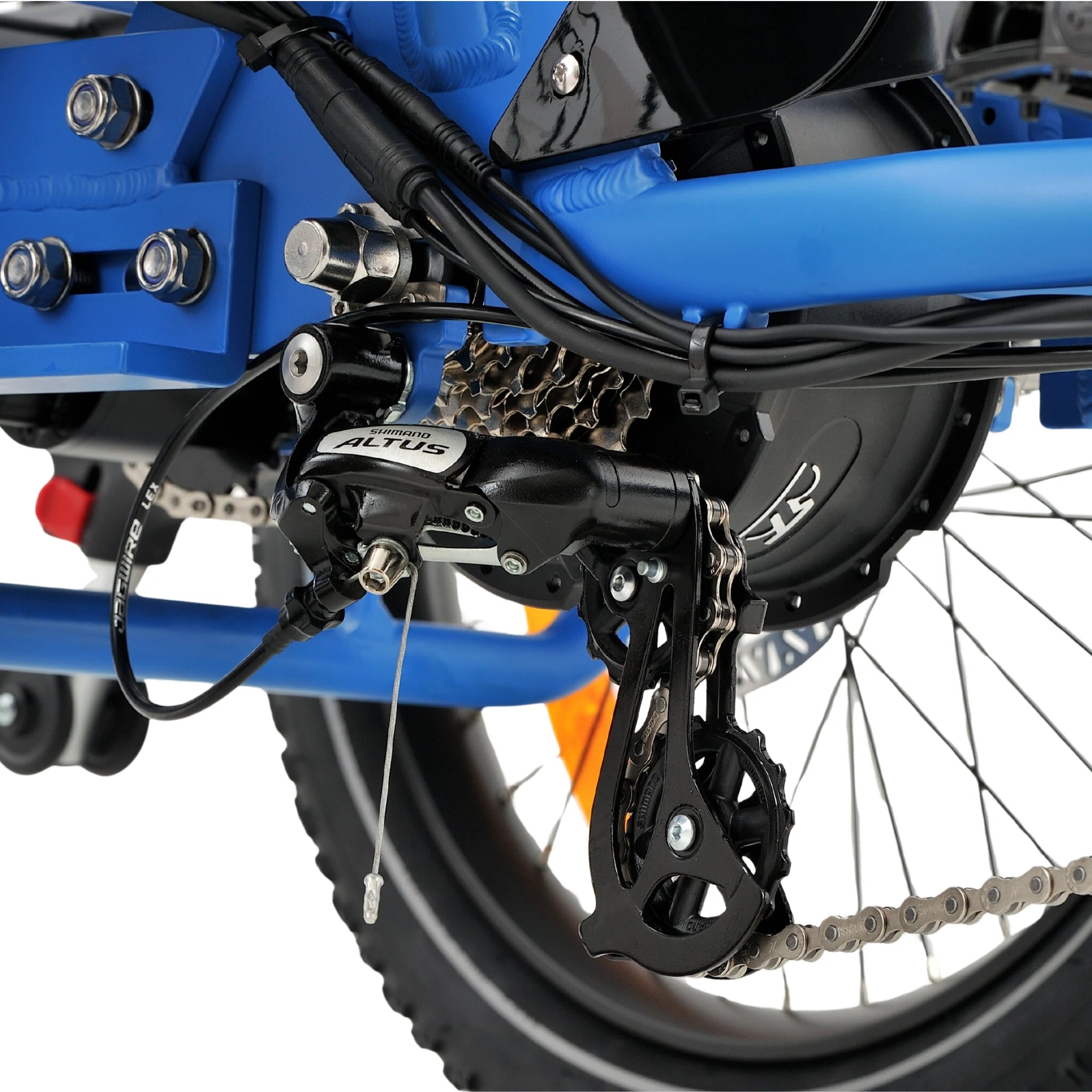 Ridewave Platypus sky blue folding electric trike drivetrain and rear axle close-up #color_sky-blue
