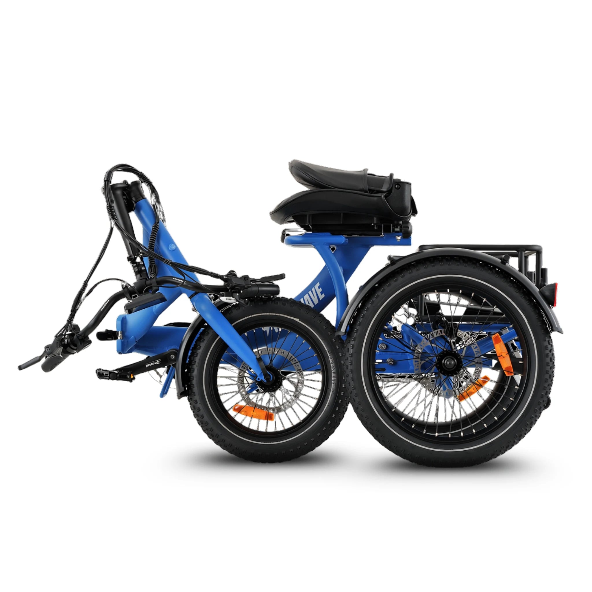 Ridewave Platypus sky blue folding electric trike folded side view for storage #color_sky-blue