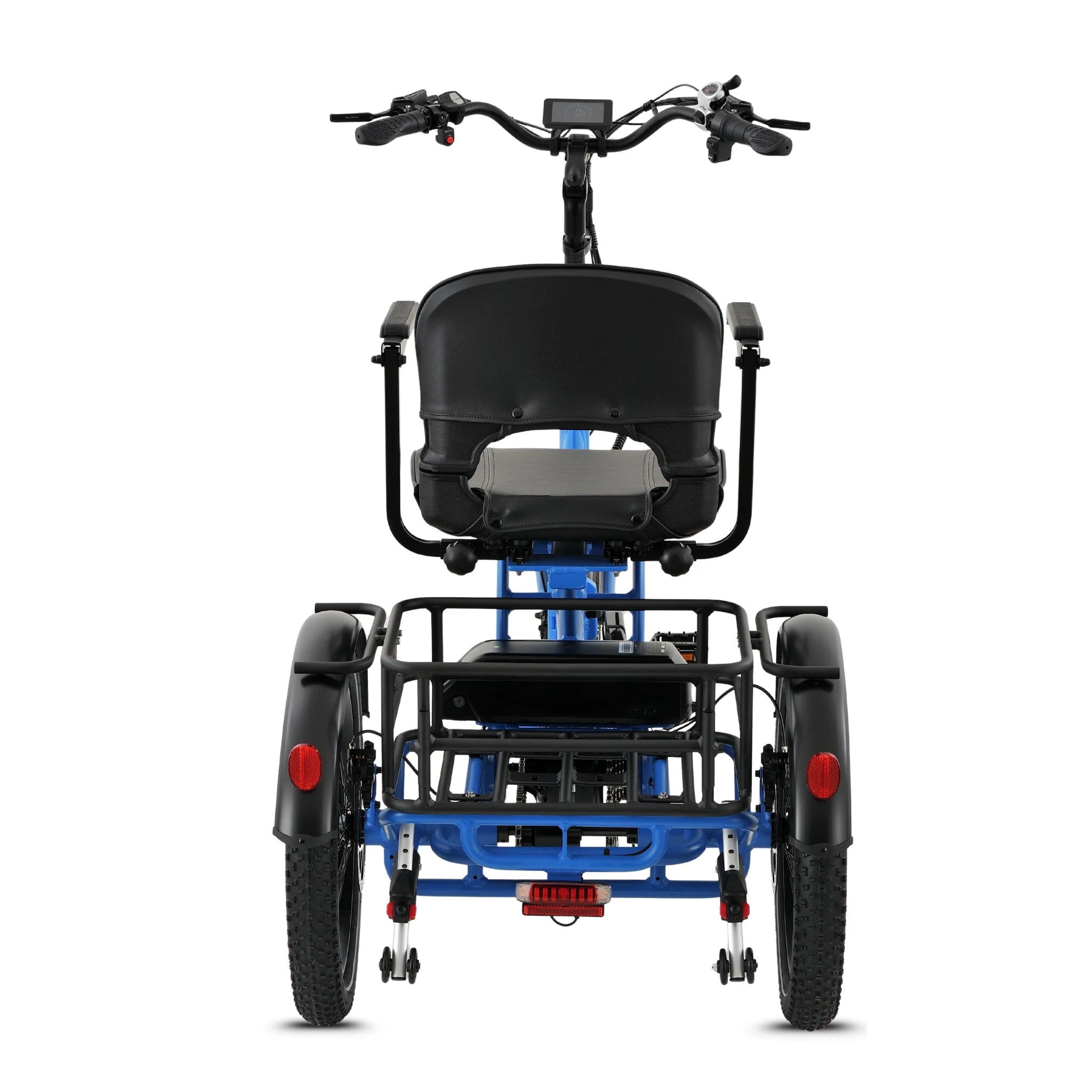 Ridewave Platypus sky blue folding electric trike rear view with cargo basket and tail lights #color_sky-blue