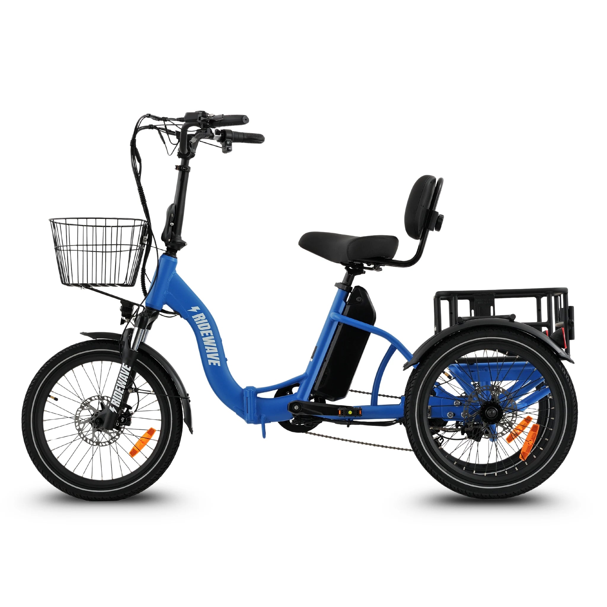 Ridewave Quokka sky blue electric trike side view with front basket and rear cargo basket #color_sky-blue
