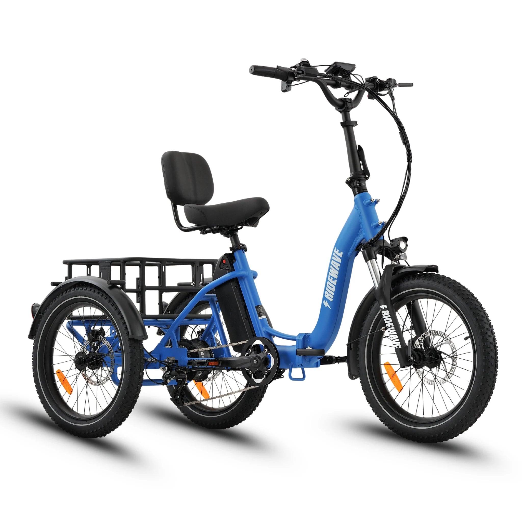 Ridewave Wallaby sky blue electric trike three-quarter front view with rear cargo basket #color_sky-blue