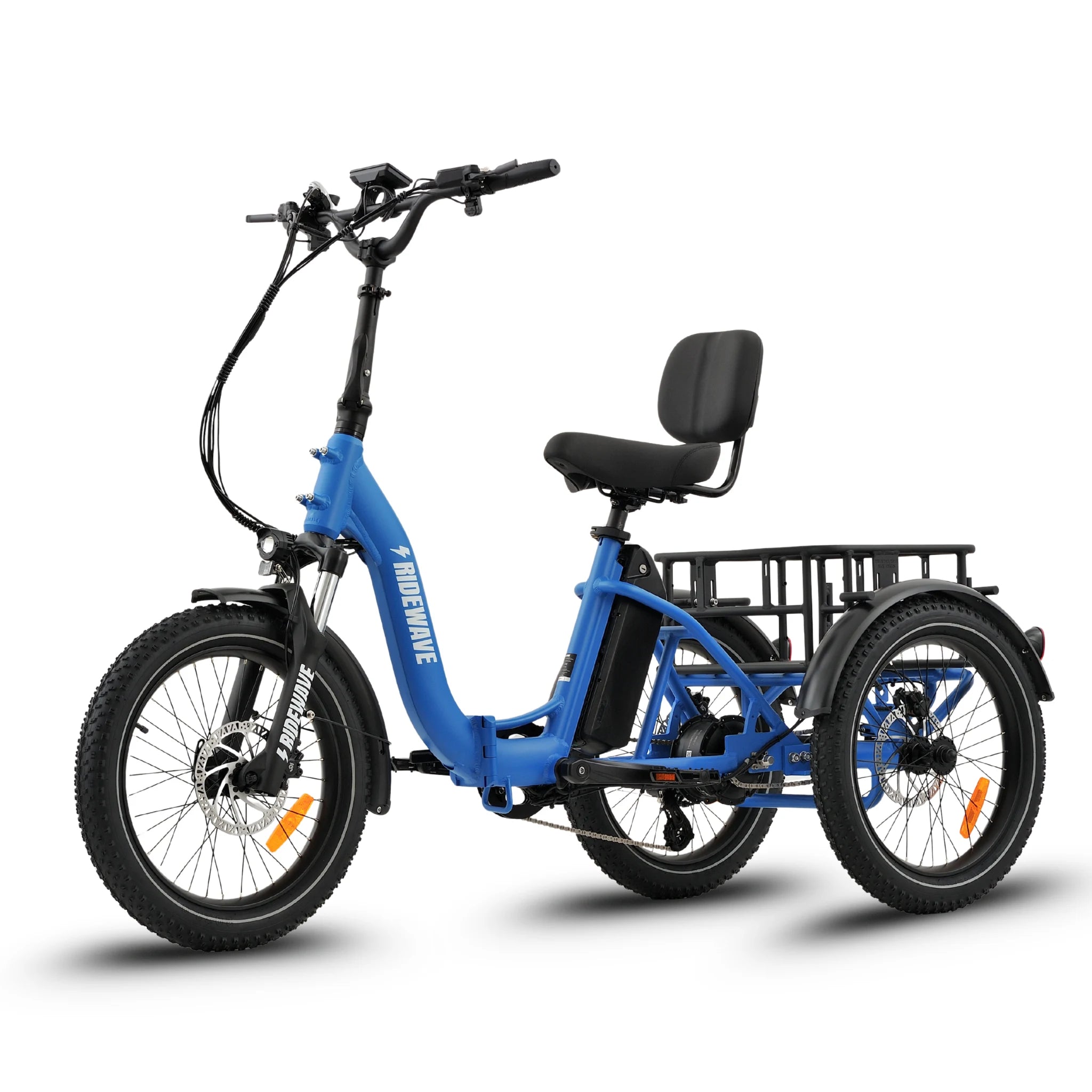 Ridewave Wallaby sky blue electric trike three-quarter rear view with rear cargo basket #color_sky-blue