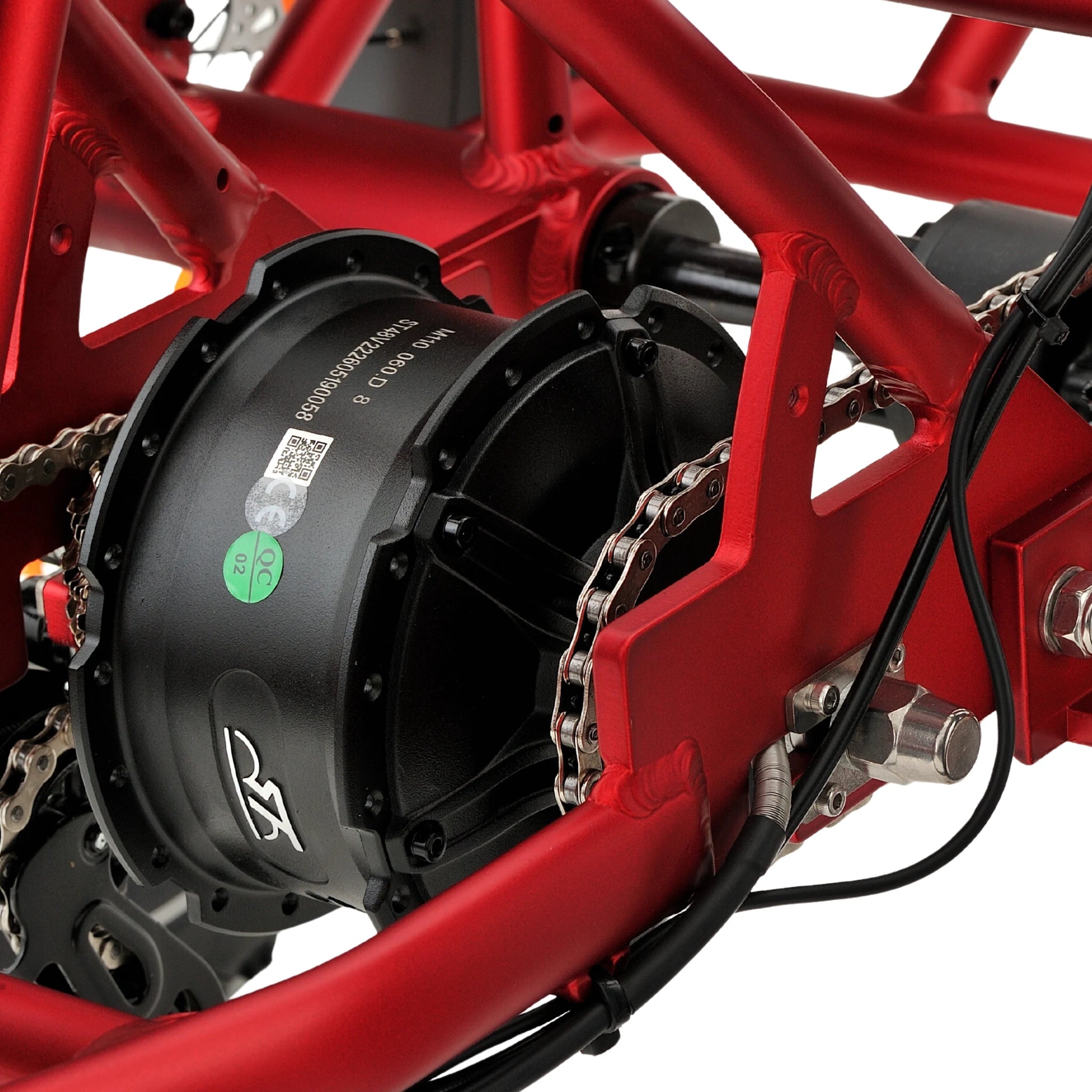 Ridewave Wallaby Plus red electric trike rear hub motor and axle close-up #color_red