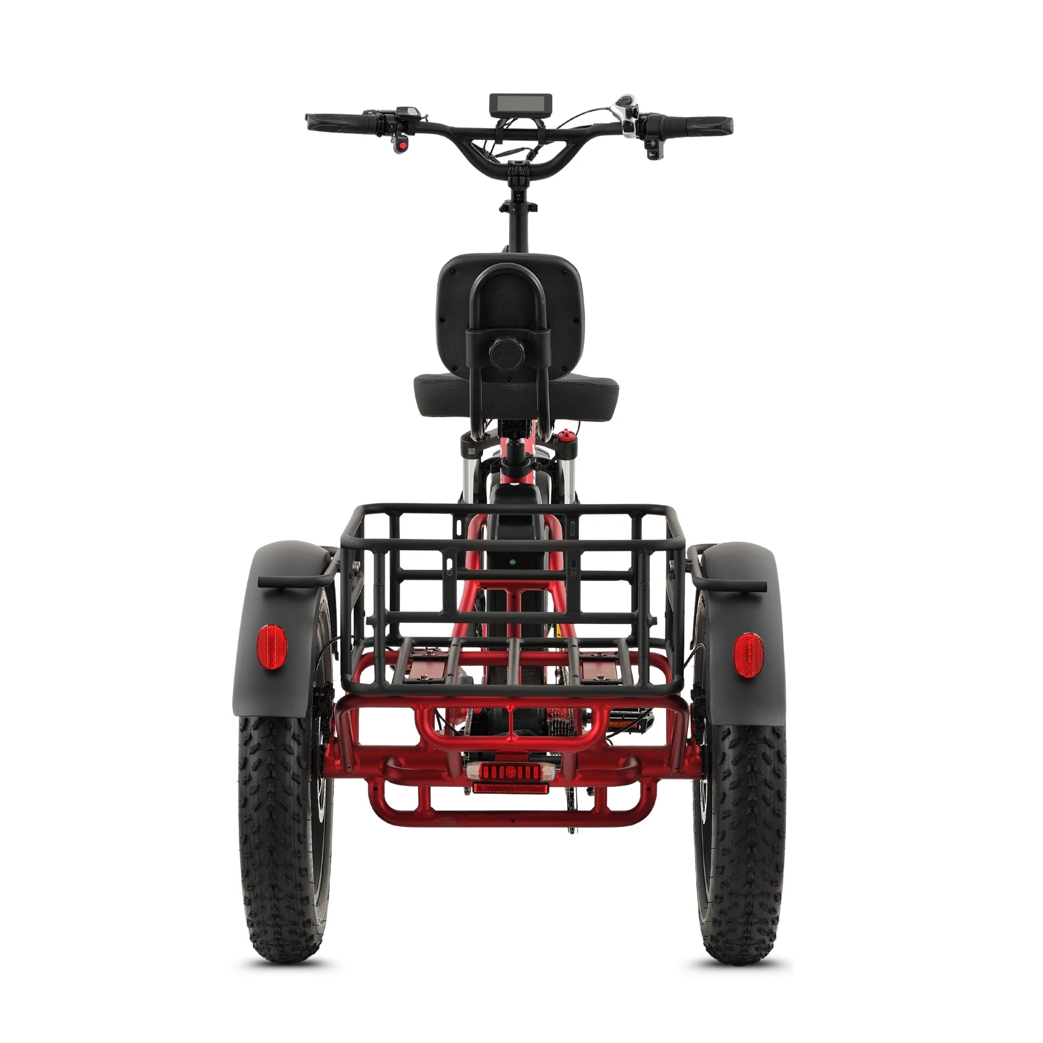 Ridewave Wallaby Plus red electric trike rear view with cargo basket and tail lights #color_red