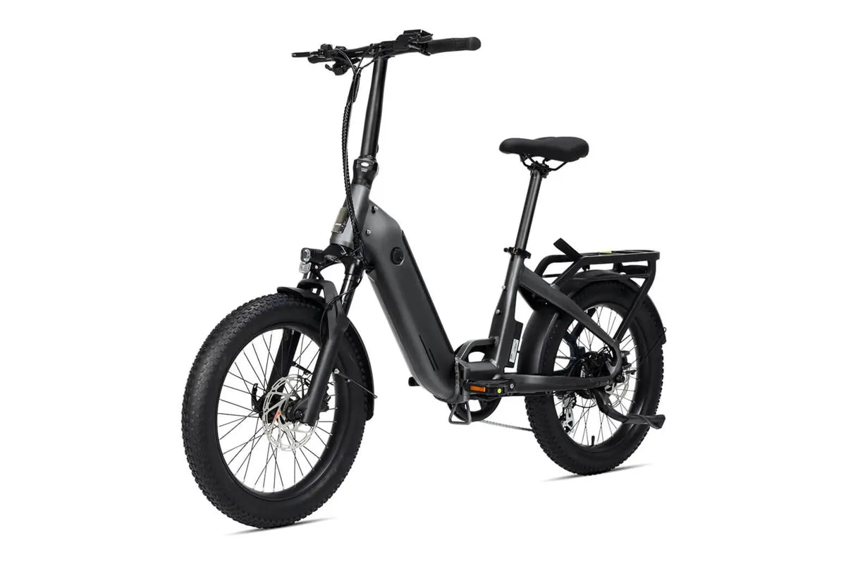 Miniwave folding e-bike in graphite with front light, reflectors and disc brakes visible