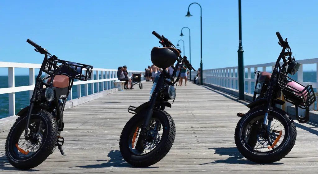 Ridewave Xplorer Series'  e-bikes on their kickstand's