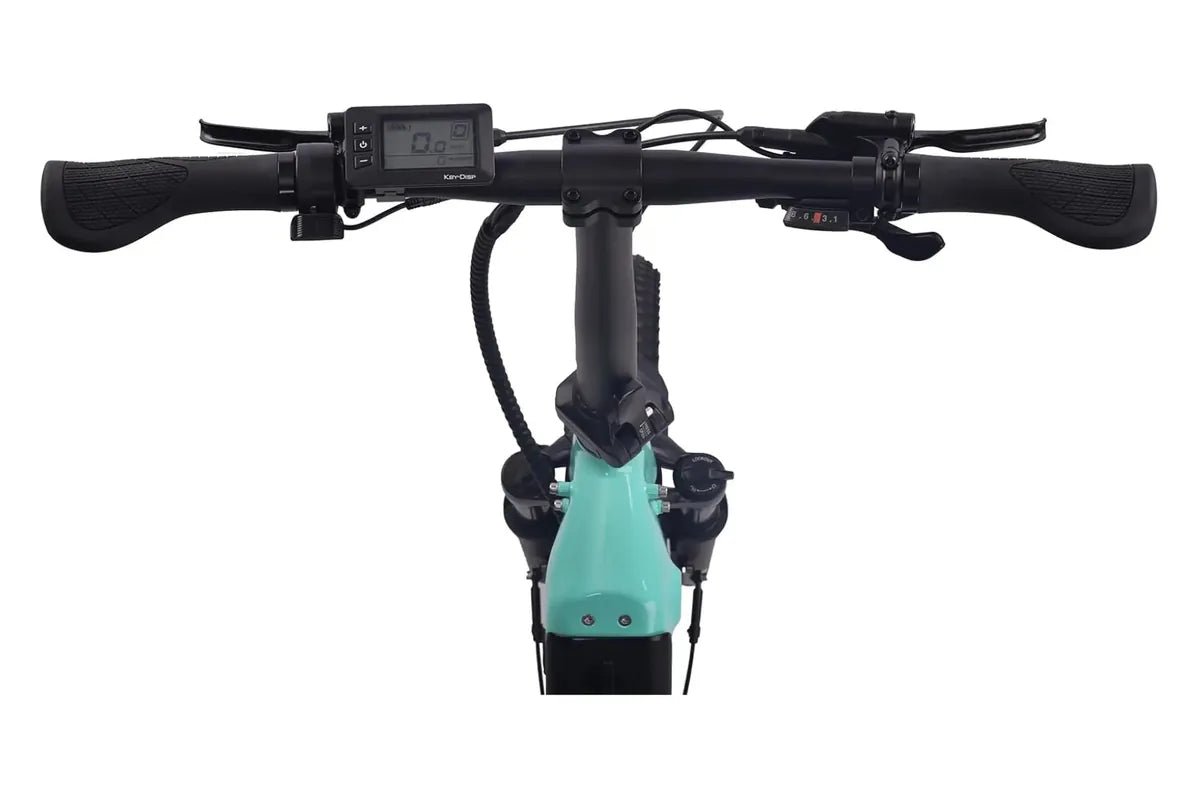 Miniwave folding e-bike cockpit in aqua: handlebar, grips, brake levers and display