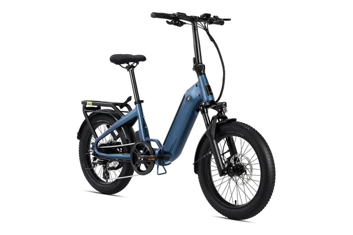 Miniwave folding e-bike in slate blue, front three-quarter view showing its wide tyres
