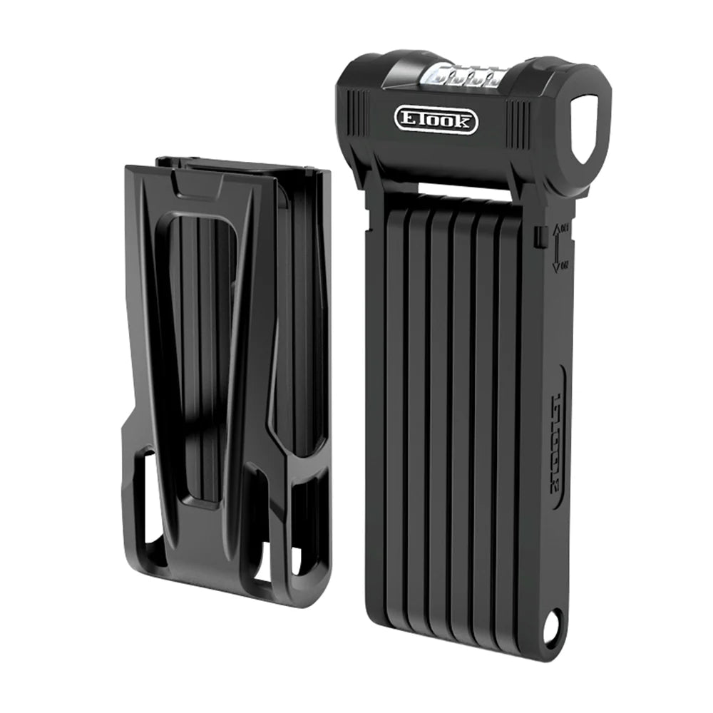 ETook ET590C folding combination lock folded and mounted on bike frame