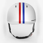 White helmet with red and blue stripes on a white background