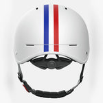White helmet with red and blue stripes on a white background