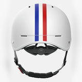 White helmet with red and blue stripes on a white background