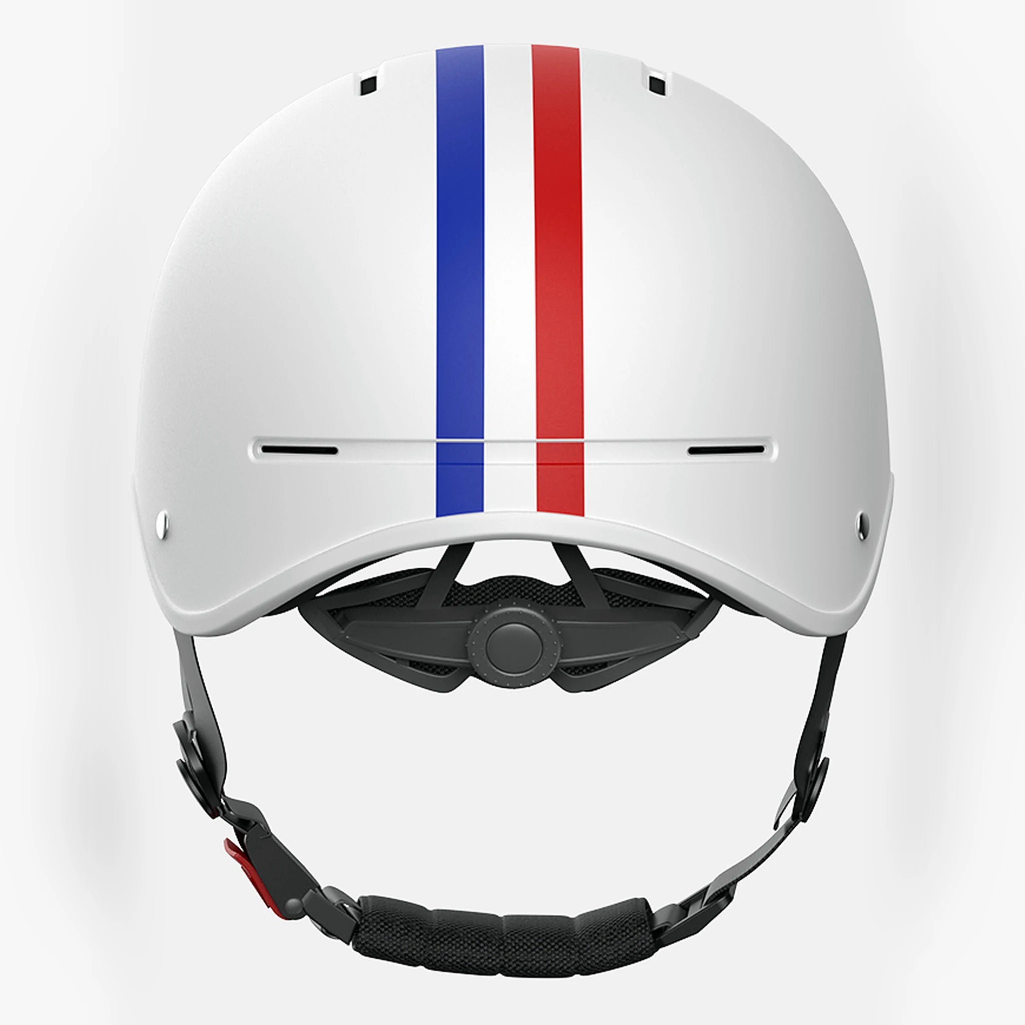 White helmet with red and blue stripes on a white background