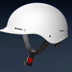 White helmet with a red buckle on a dark blue background