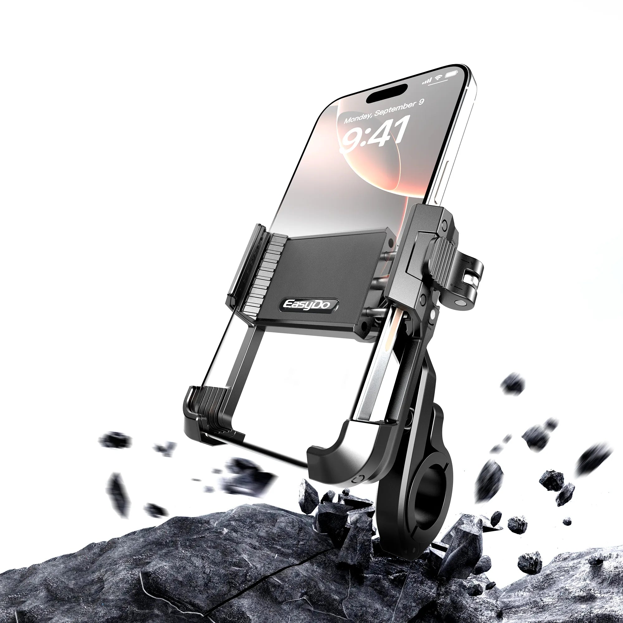 EasyDo ED3542 aluminium bike phone holder mounted on handlebar holding a smartphone