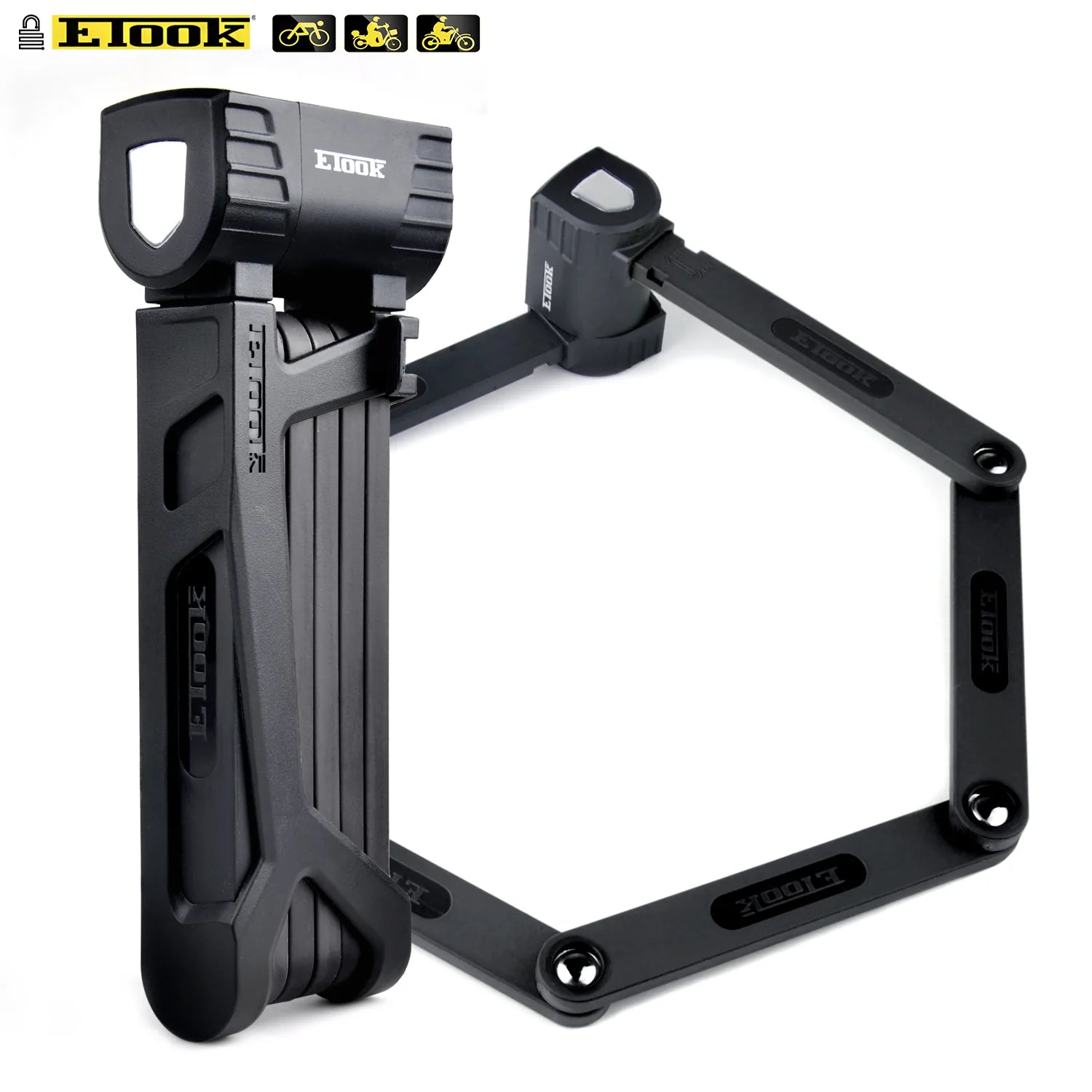 Etook ET490L heavy-duty folding bike lock, folded and opened