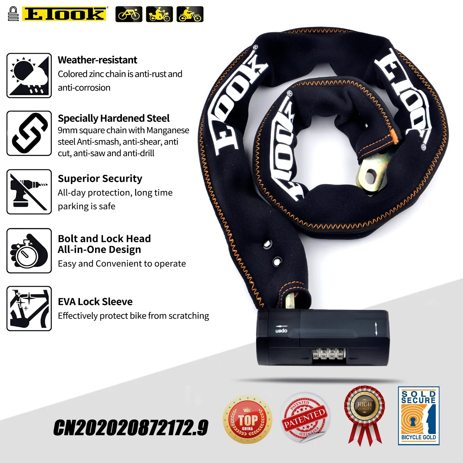 Etook ET655 9mm hardened square steel chain lock, weather resistant