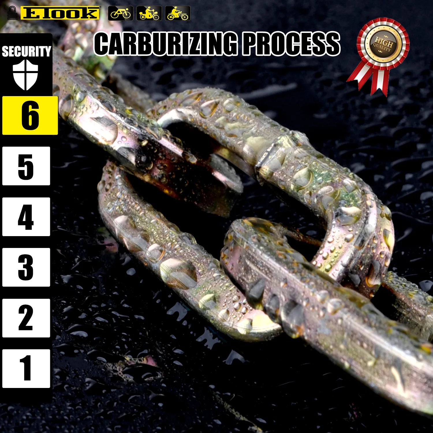 Carburised hardened steel chain links of the Etook ET655, security level 6