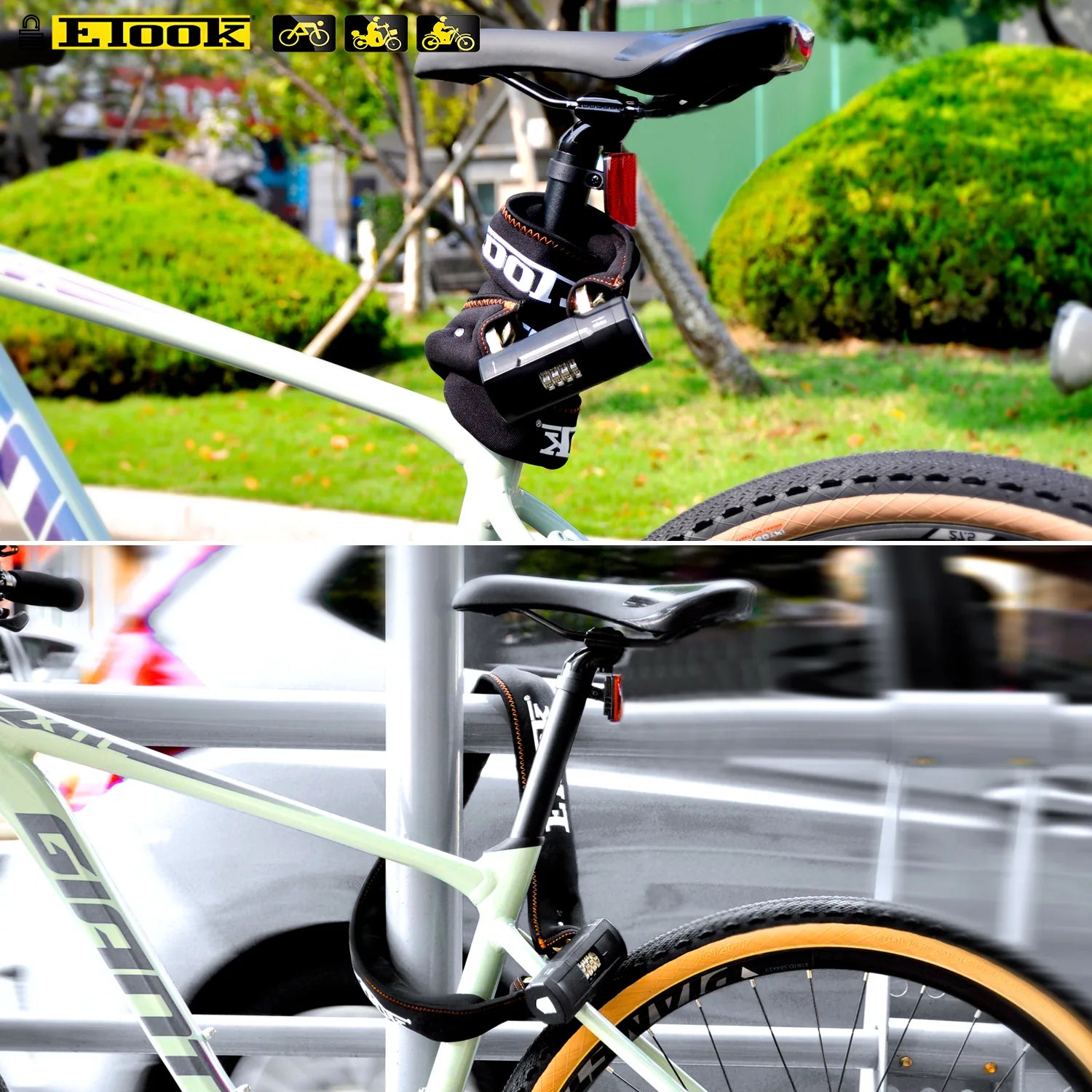 Etook ET655 chain lock carried under the bike saddle