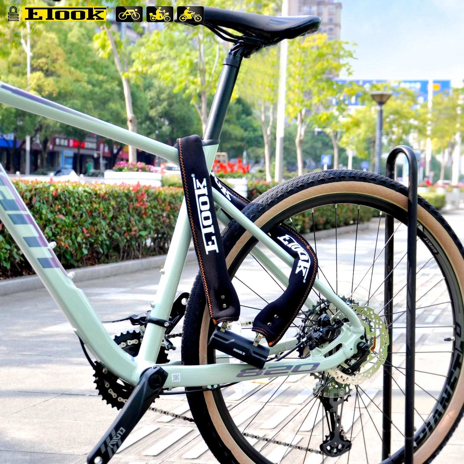 Bike secured to a bike rack with the Etook ET655 chain lock