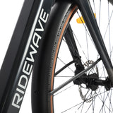 Front wheel and road tyre detail on the Ridewave Glide Road ebike