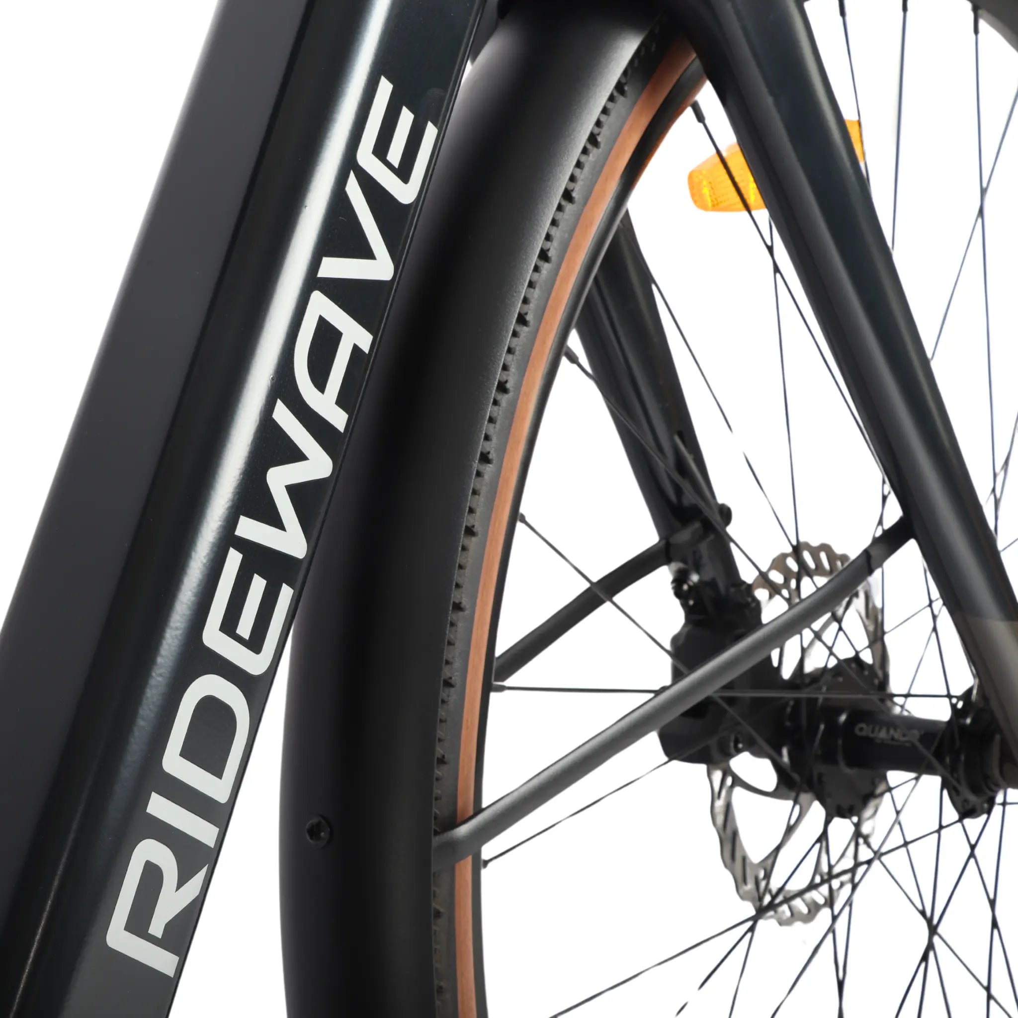 Front wheel and road tyre detail on the Ridewave Glide Road ebike