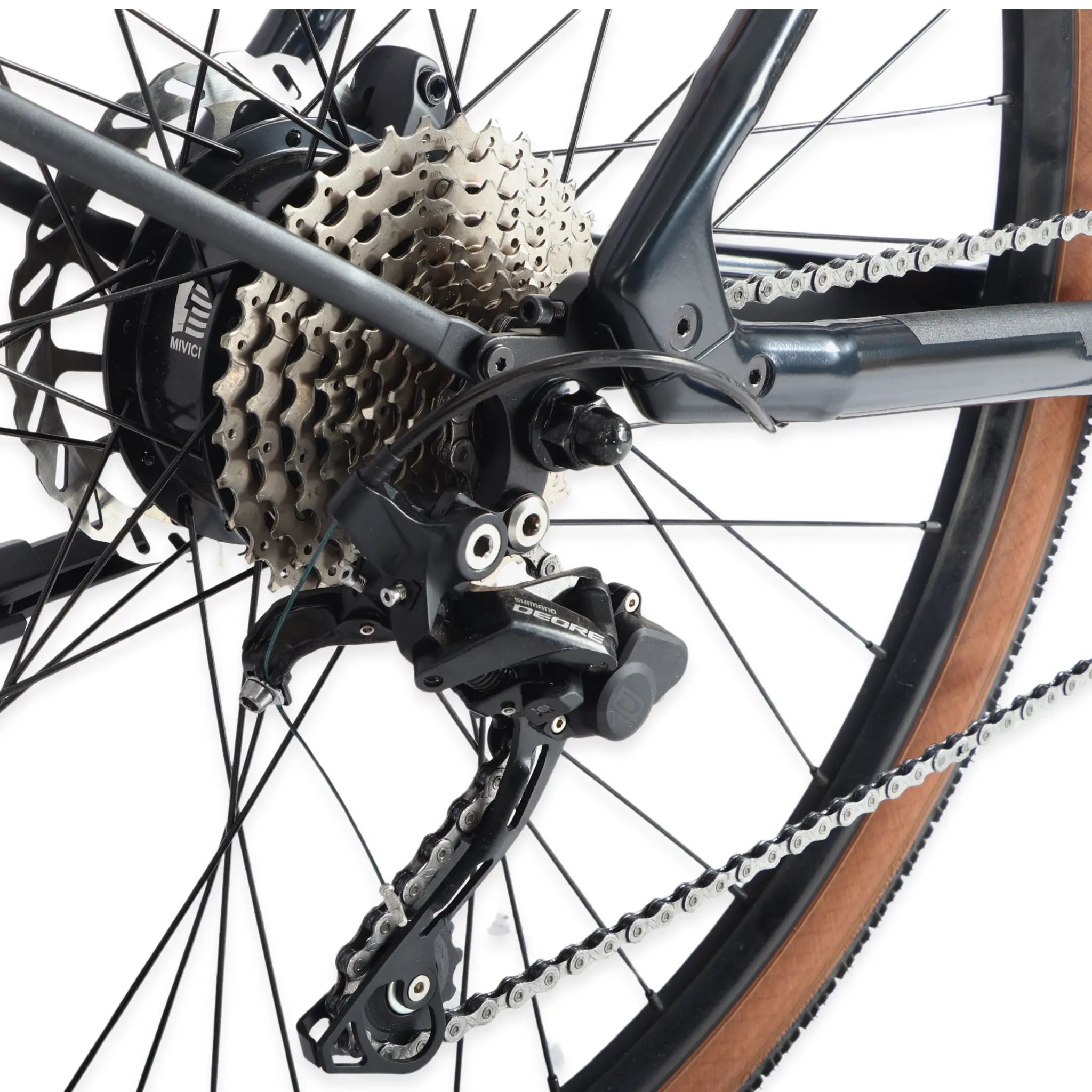 Rear hub motor and drivetrain detail of the Ridewave Glide Road electric bike