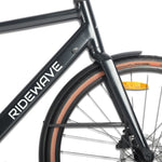 Frame and front wheel close-up of the Ridewave Glide Road electric bike