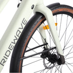 Front wheel and fork detail of the Ridewave Glide Road electric bike