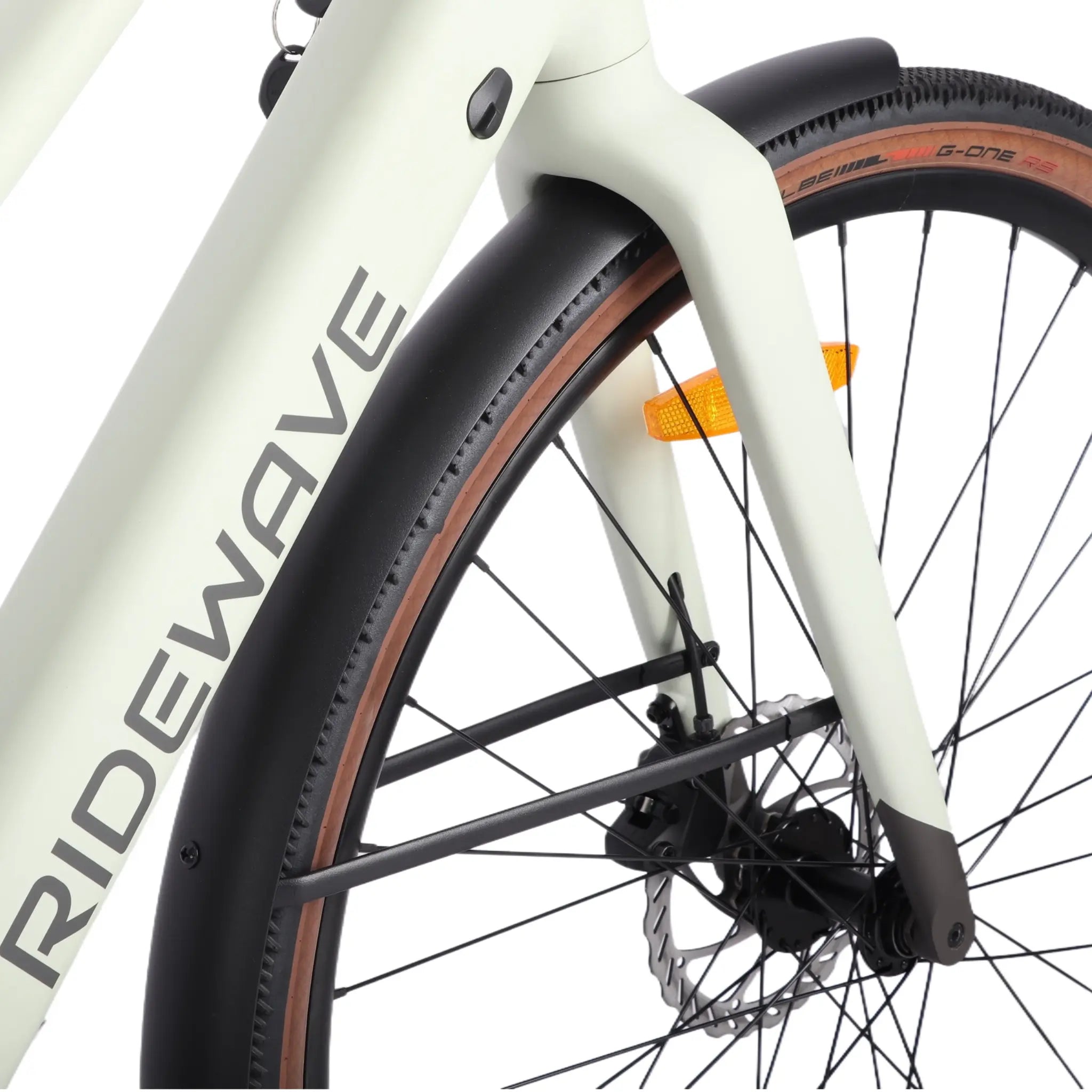Front wheel and fork detail of the Ridewave Glide Road electric bike