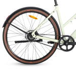 Front wheel and road tyre detail of the Ridewave Glide Road electric bike