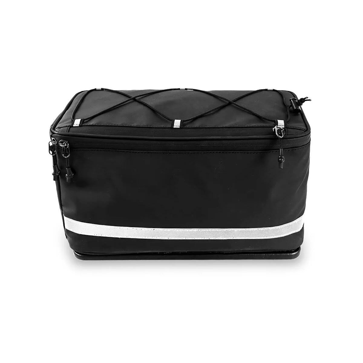 Insulated bike cooler mounted on rear rack, designed for carrying groceries and drinks on electric bikes