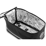 Open insulated bike cooler showing spacious interior for groceries and beverages on electric bike rear rack