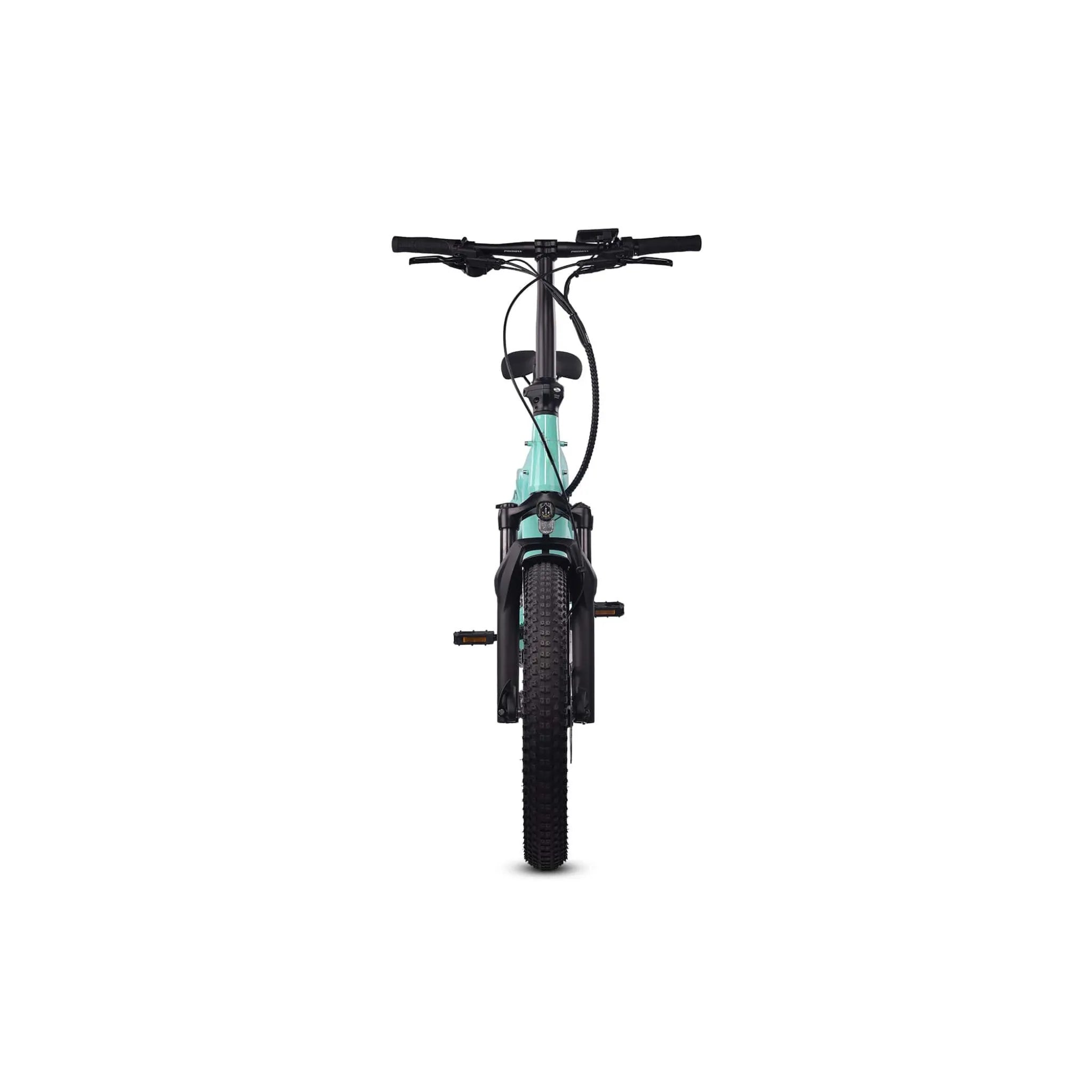 #color_aqua Miniwave folding ebike front view in aqua with wide fat tyres