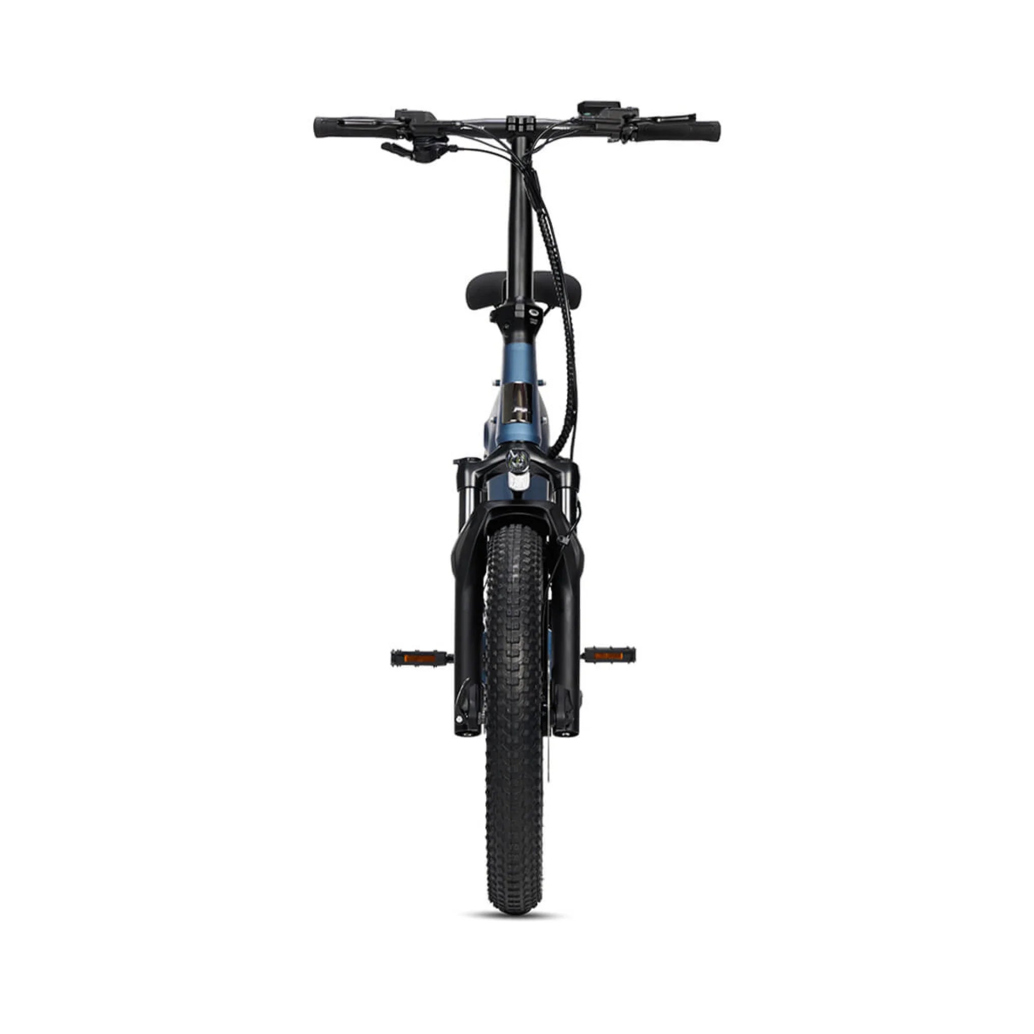 #color_slate-blue Miniwave folding ebike front view in slate blue with wide fat tyres