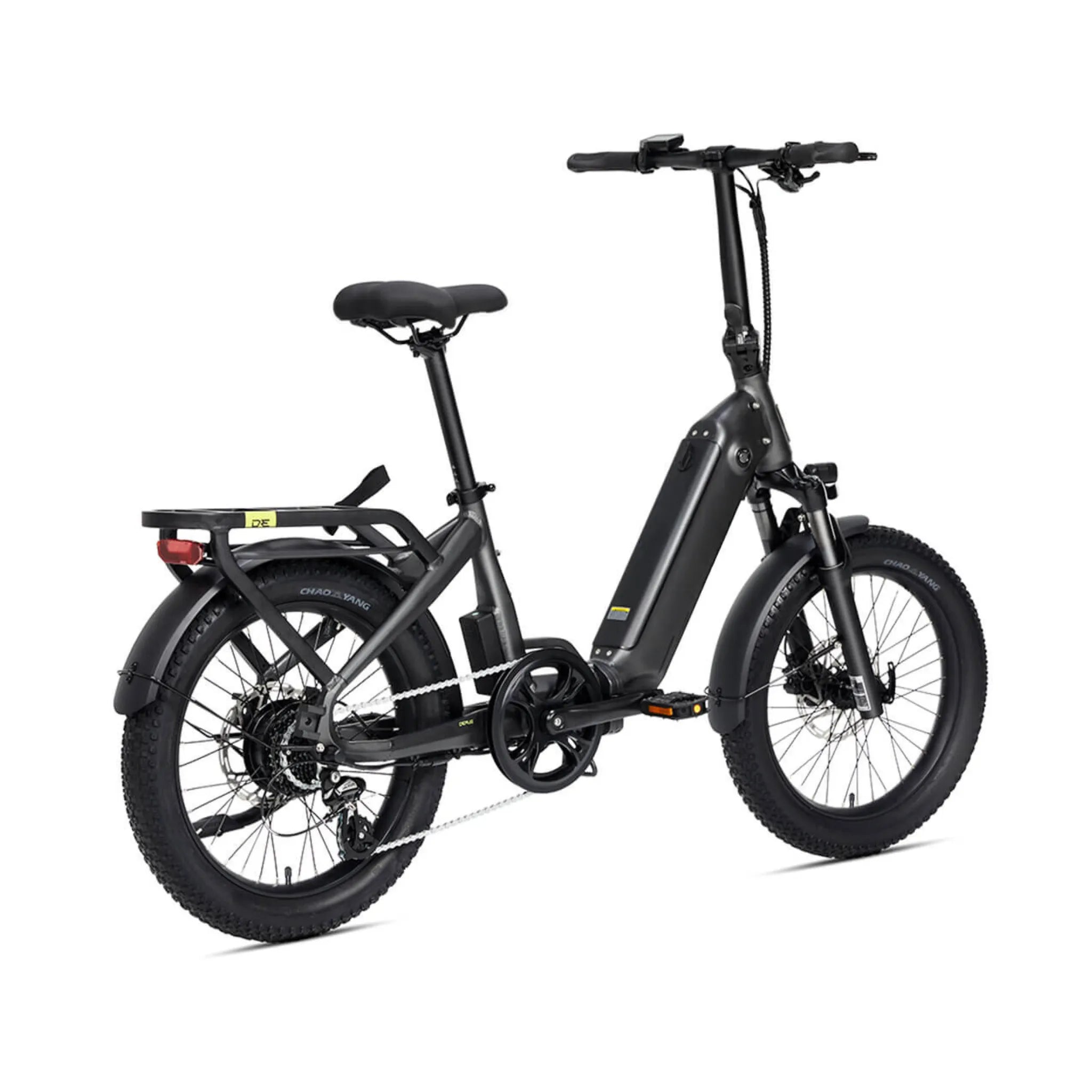#color_graphite Miniwave folding ebike rear angle view in graphite with wide tyres