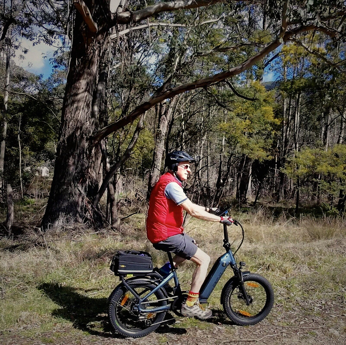 A rider in a helmet on a Ridewave Miniwave on a bush track among tall gum trees