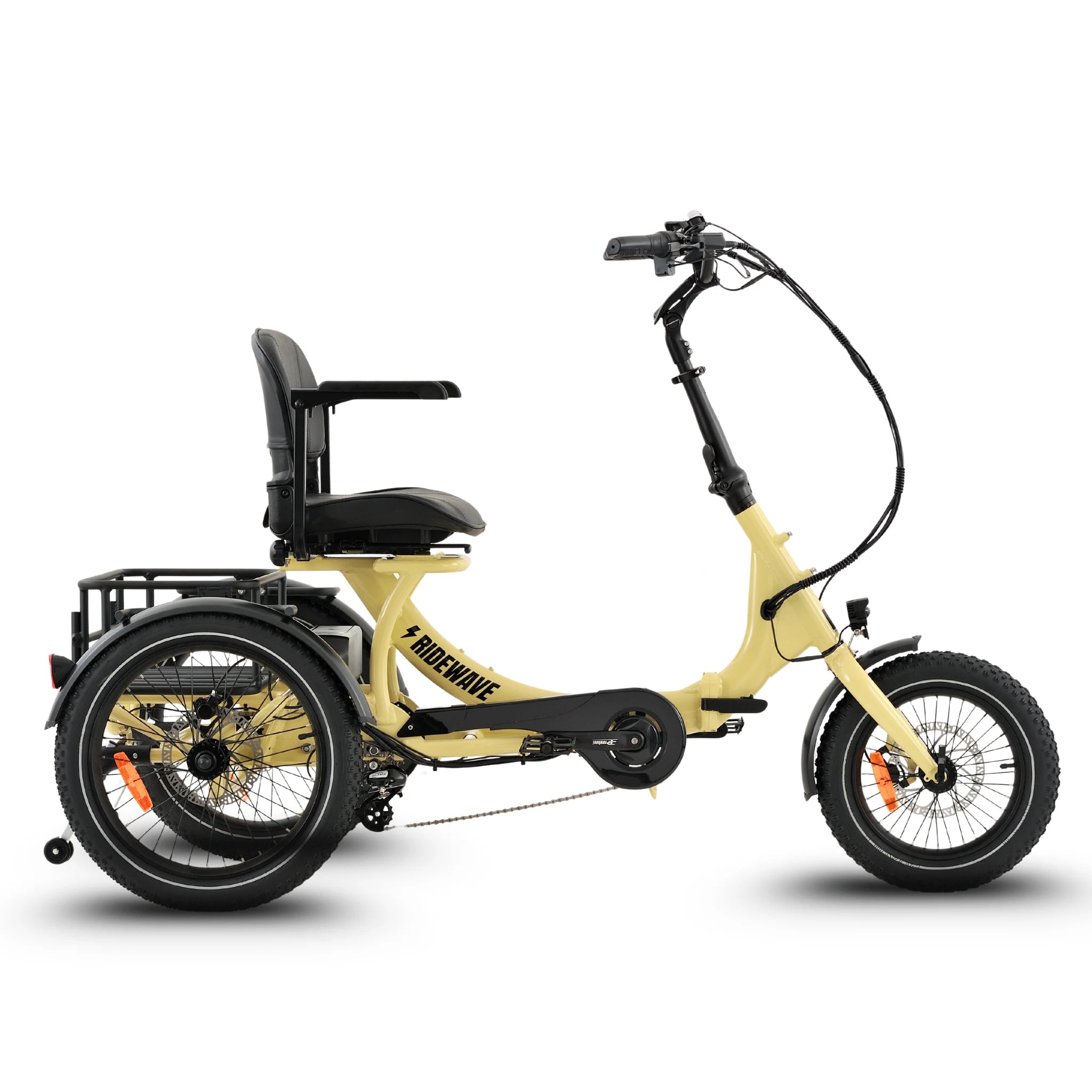 Ridewave Platypus cream folding electric trike side view with rear cargo basket #color_cream