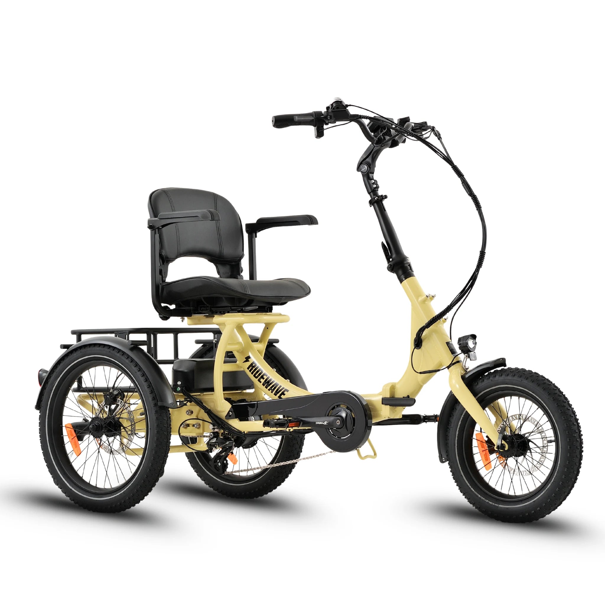 Ridewave Platypus cream folding electric trike three-quarter front view with rear cargo basket #color_cream