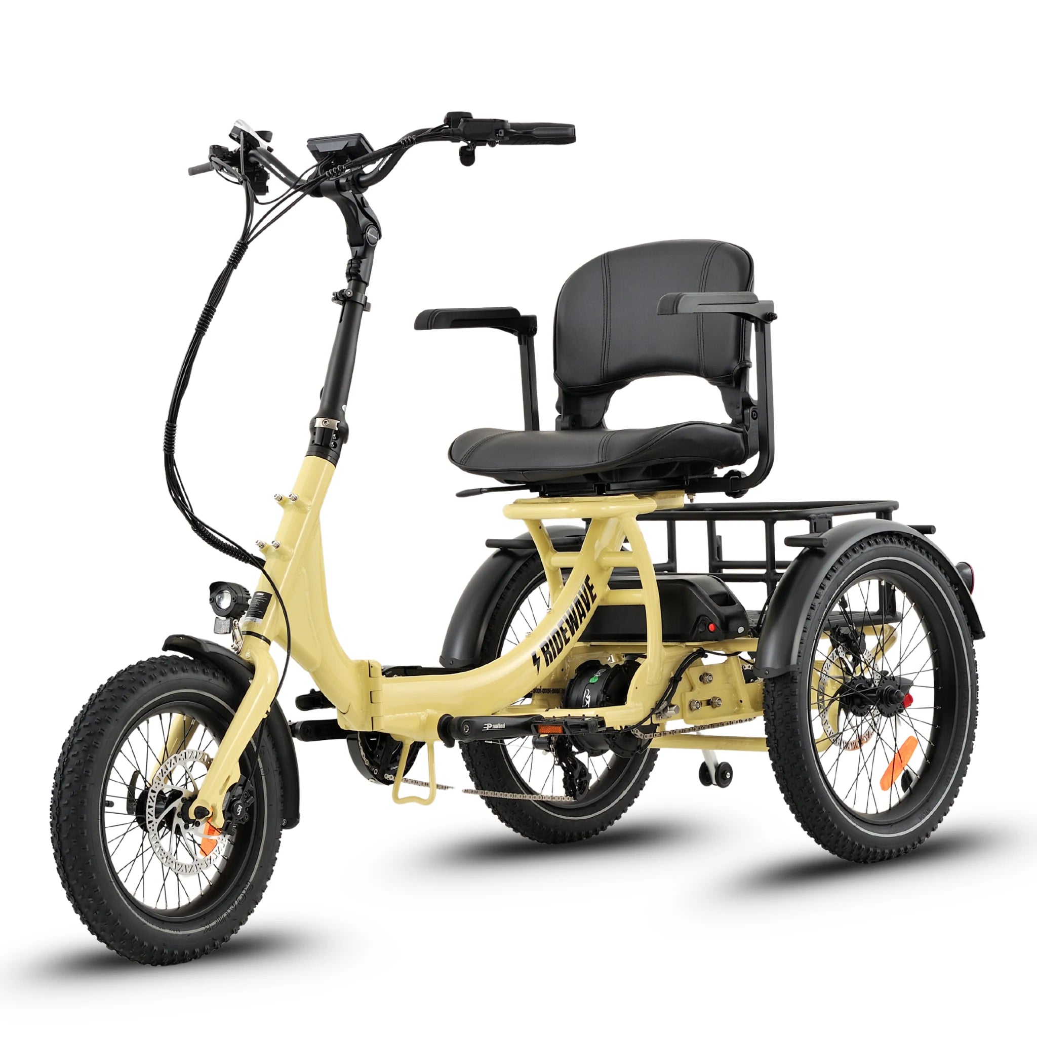 Ridewave Platypus cream folding electric trike three-quarter rear view with rear cargo basket #color_cream