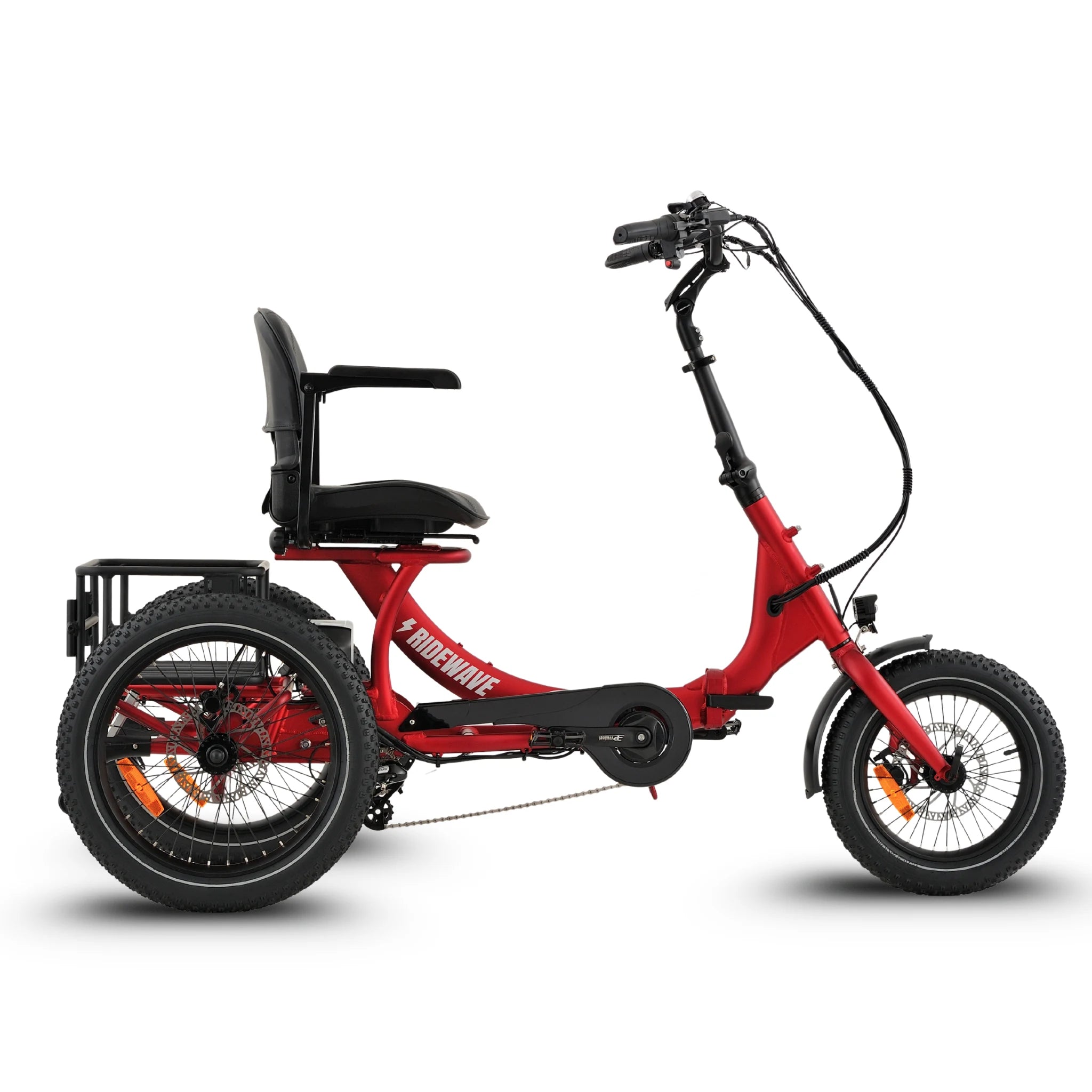 Ridewave Platypus red folding electric trike side view with rear cargo basket #color_red