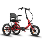 Ridewave Platypus red folding electric trike three-quarter front view with rear cargo basket #color_red