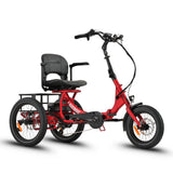 Ridewave Platypus red folding electric trike three-quarter front view with rear cargo basket #color_red