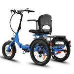 Ridewave Platypus sky blue folding electric trike three-quarter rear view with rear cargo basket #color_sky-blue