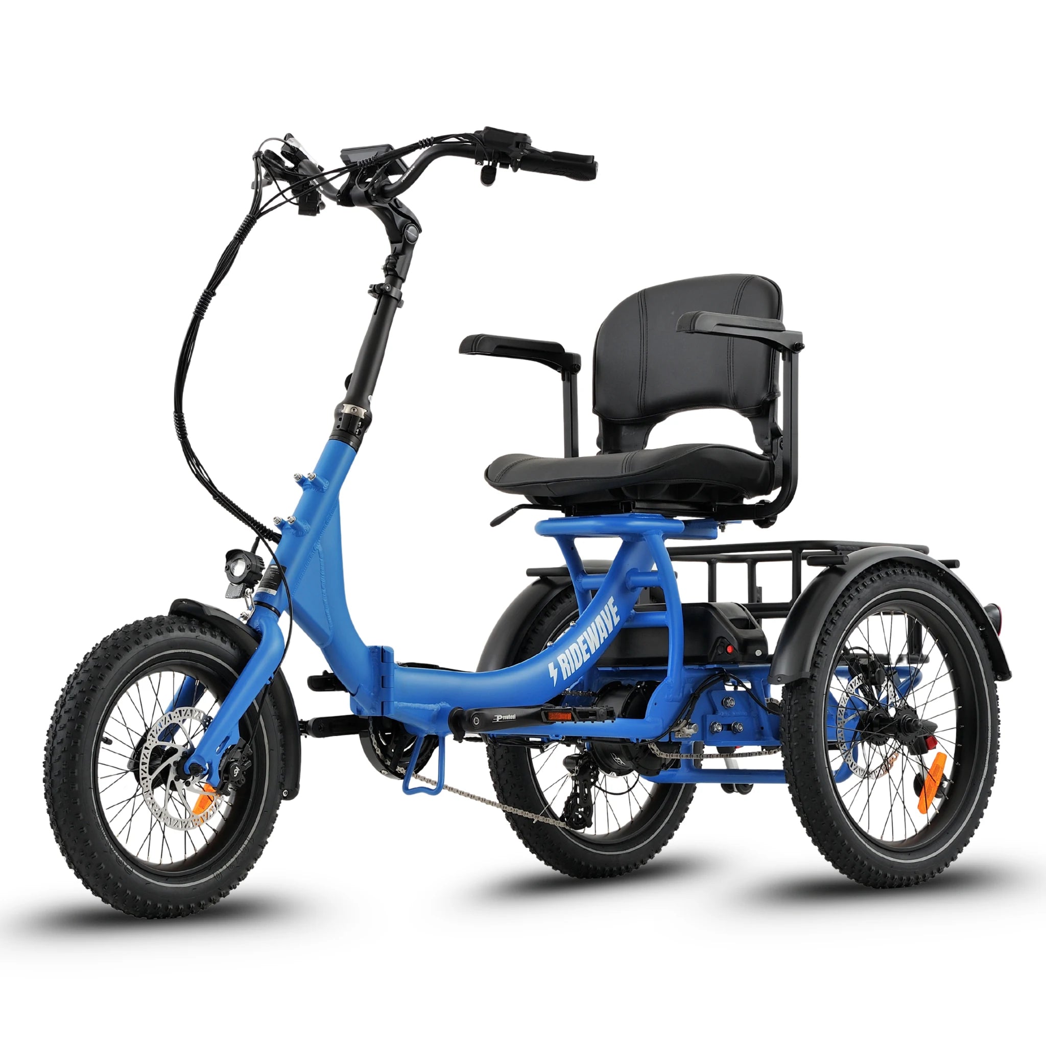 Ridewave Platypus sky blue folding electric trike side view with rear cargo basket #color_sky-blue