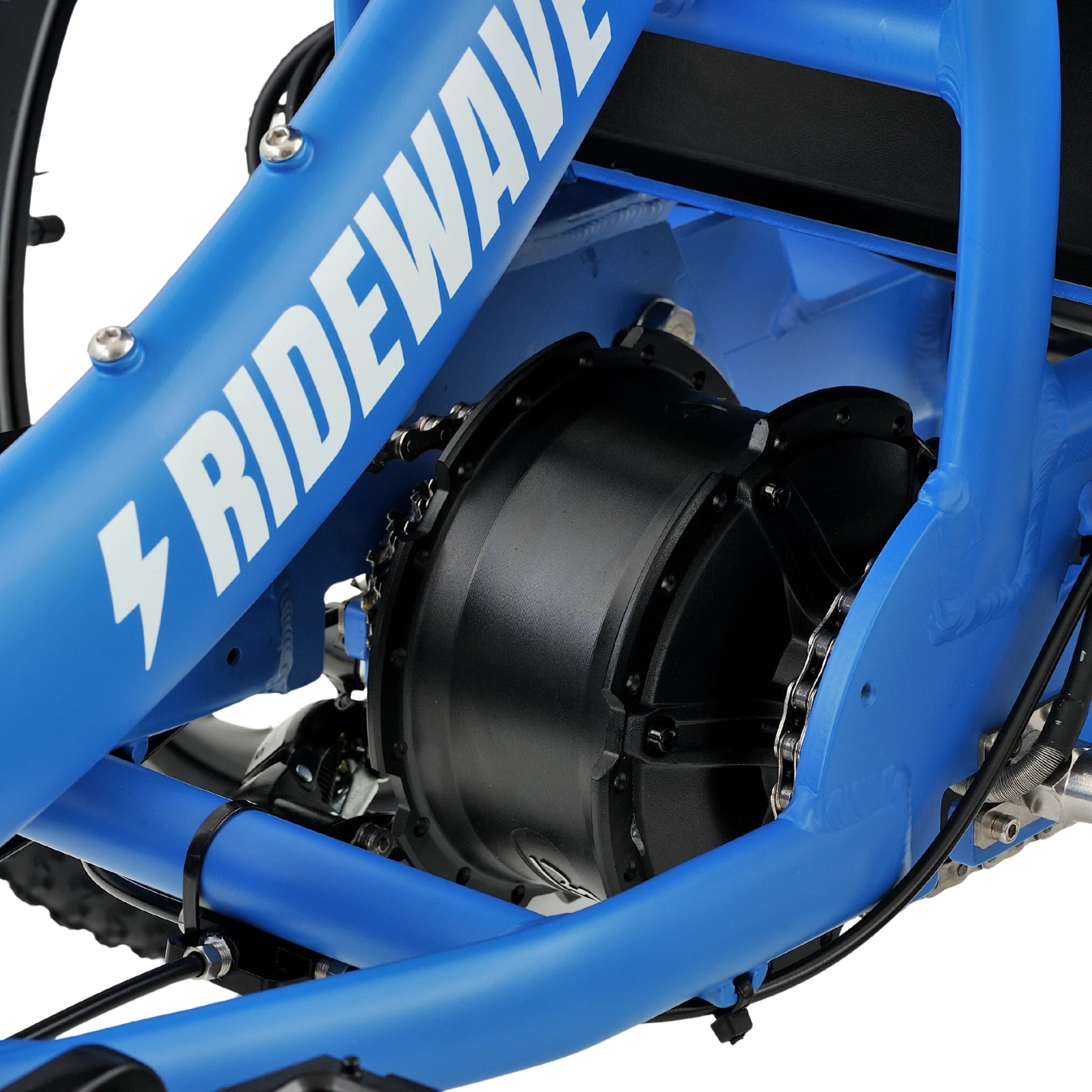 Ridewave Platypus sky blue folding electric trike central frame and motor close-up #color_sky-blue